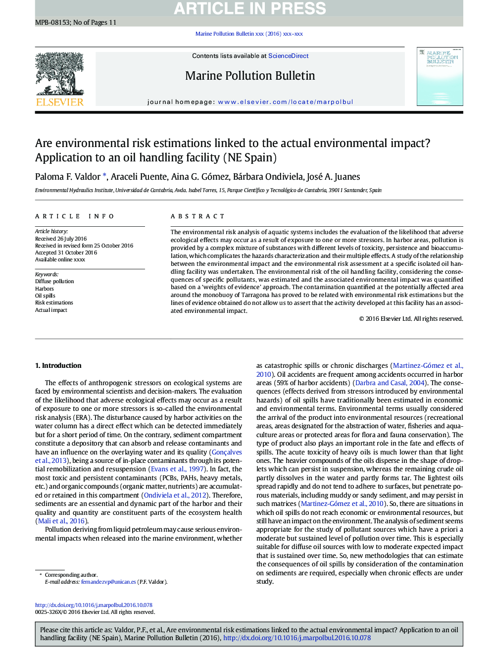 Are environmental risk estimations linked to the actual environmental impact? Application to an oil handling facility (NE Spain)