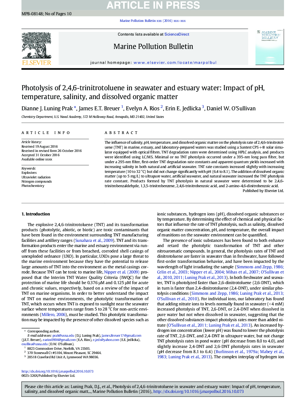 Photolysis of 2,4,6-trinitrotoluene in seawater and estuary water: Impact of pH, temperature, salinity, and dissolved organic matter