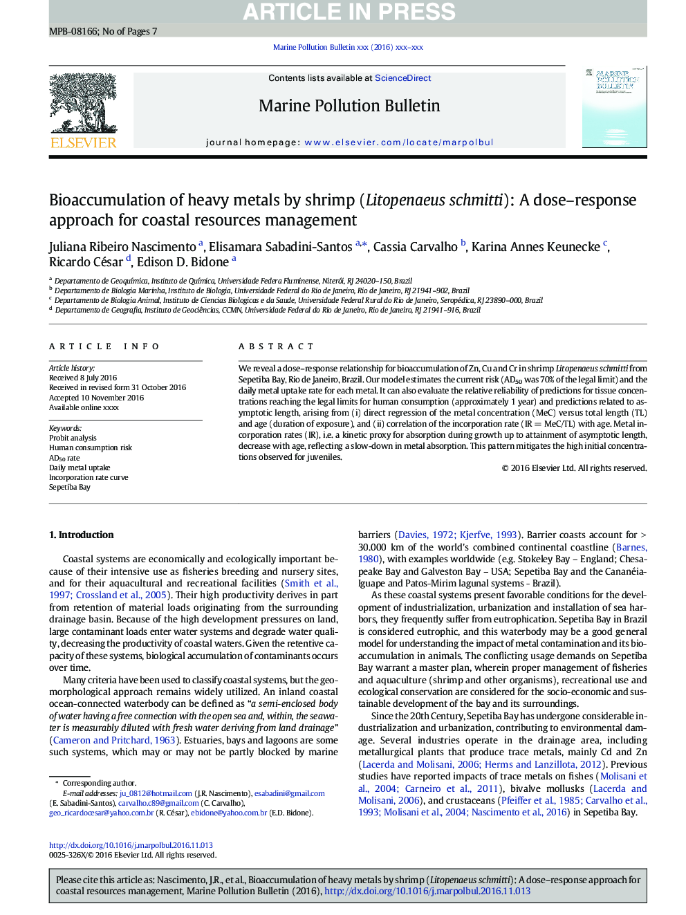 Bioaccumulation of heavy metals by shrimp (Litopenaeus schmitti): A dose-response approach for coastal resources management