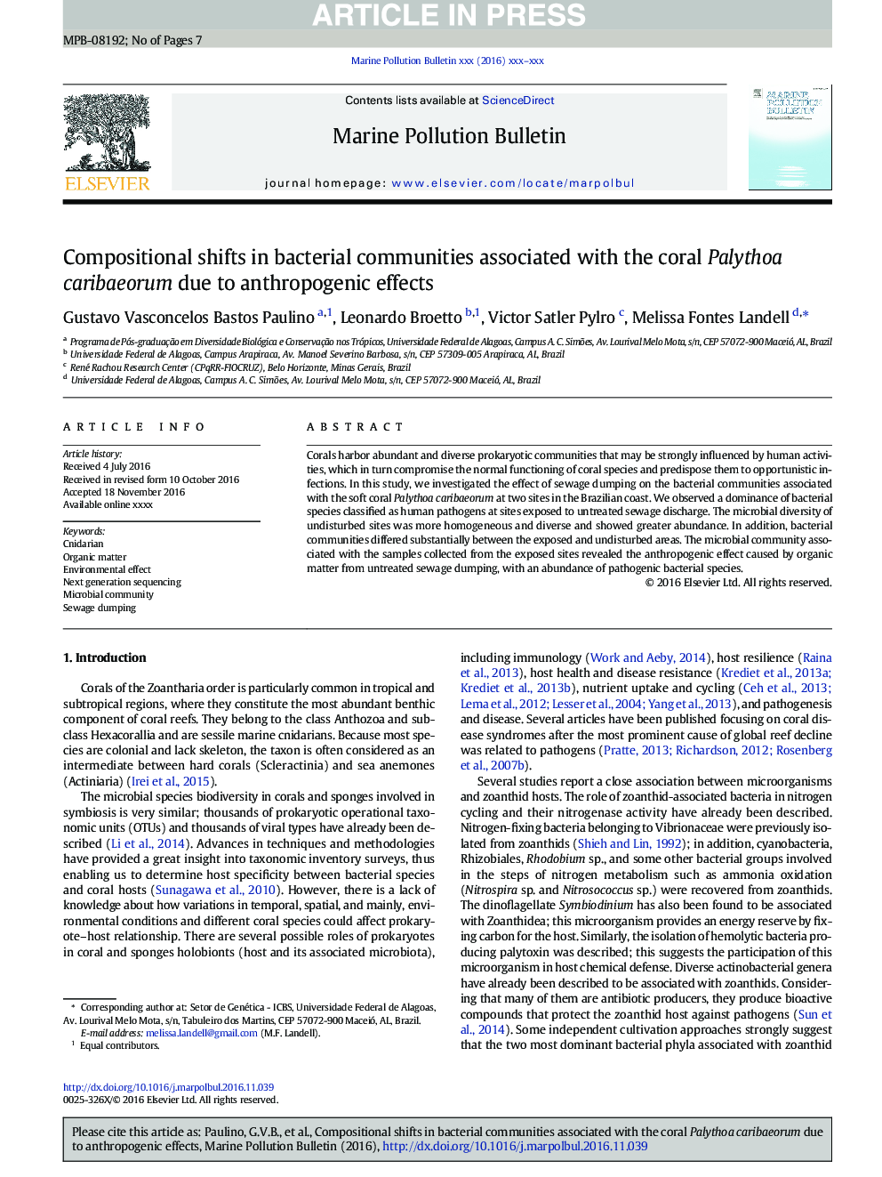 Compositional shifts in bacterial communities associated with the coral Palythoa caribaeorum due to anthropogenic effects