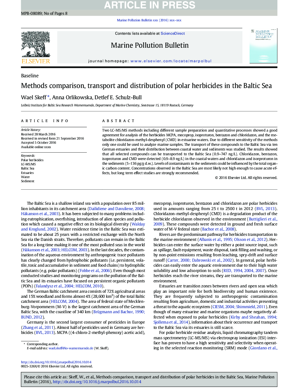 Methods comparison, transport and distribution of polar herbicides in the Baltic Sea