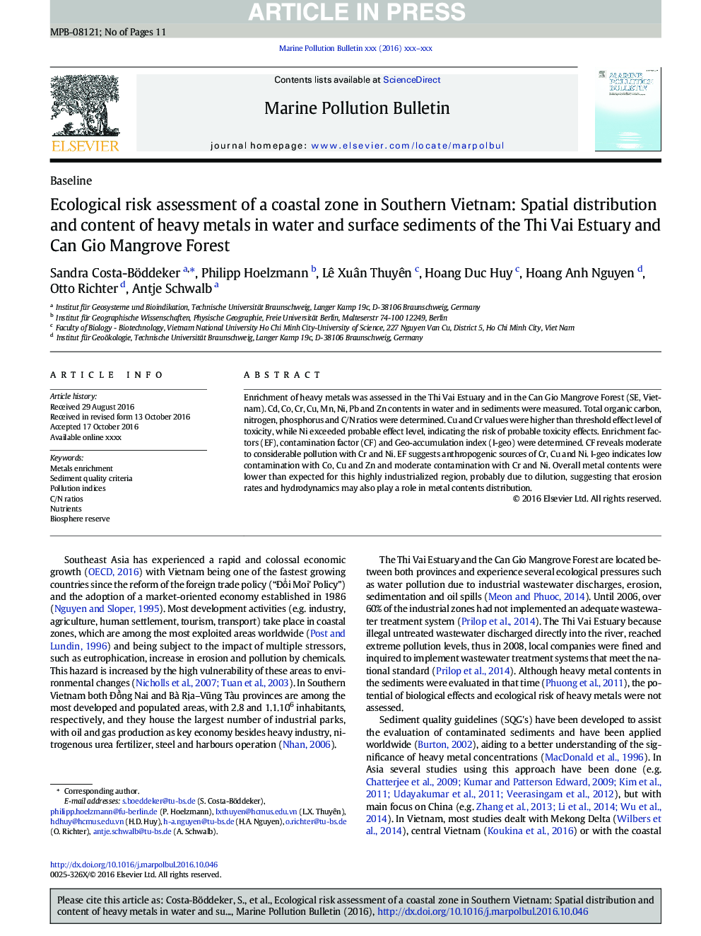 Ecological risk assessment of a coastal zone in Southern Vietnam: Spatial distribution and content of heavy metals in water and surface sediments of the Thi Vai Estuary and Can Gio Mangrove Forest