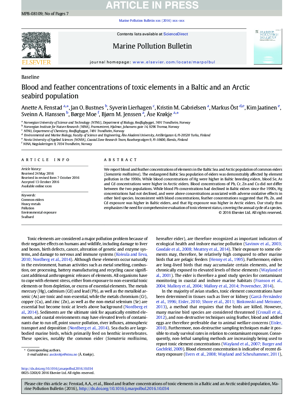 Blood and feather concentrations of toxic elements in a Baltic and an Arctic seabird population