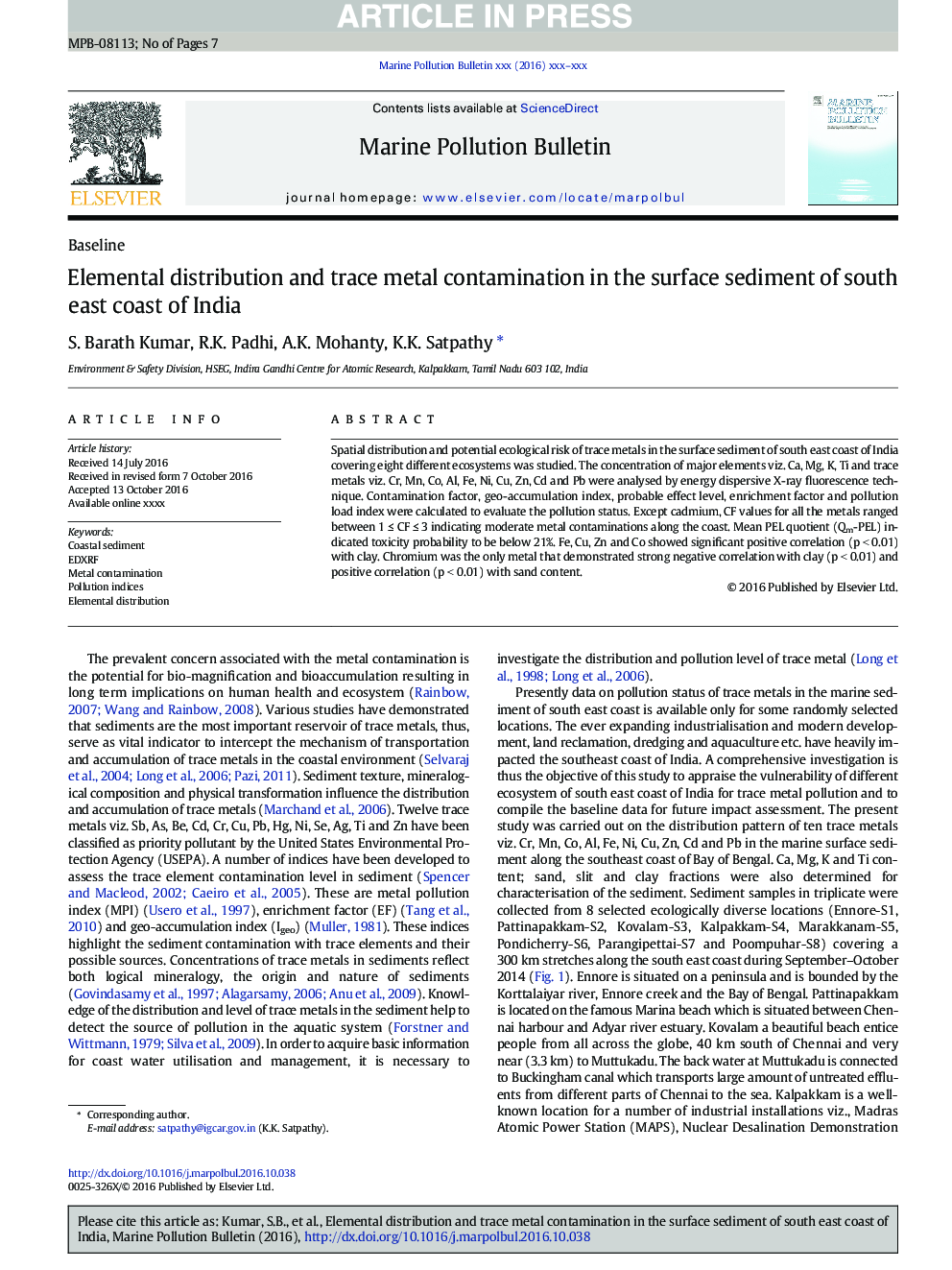 Elemental distribution and trace metal contamination in the surface sediment of south east coast of India