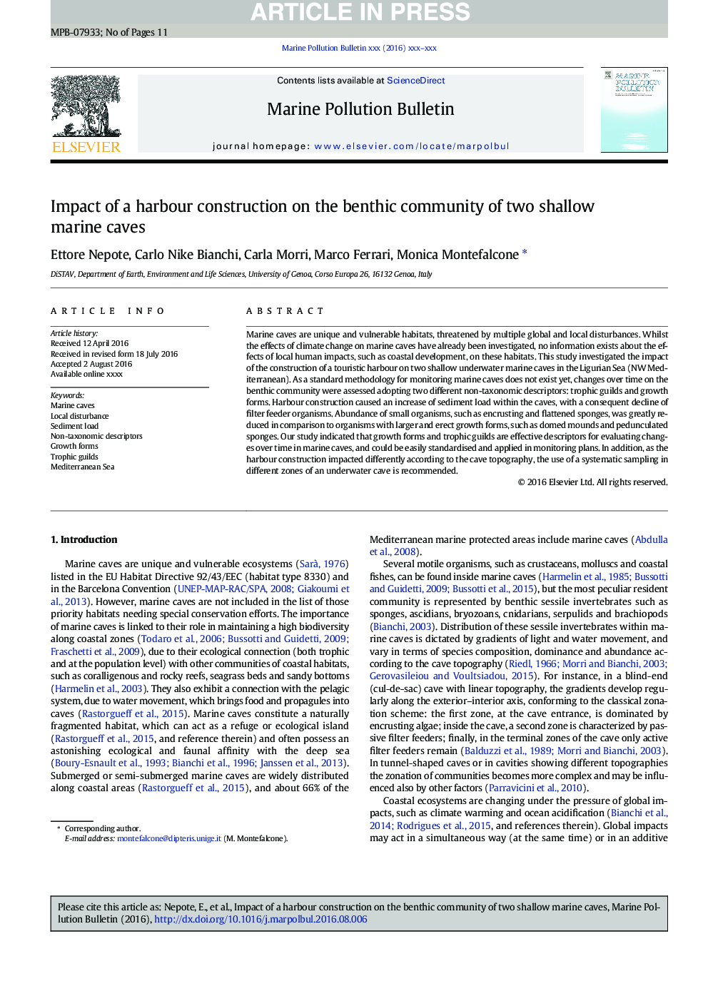 Impact of a harbour construction on the benthic community of two shallow marine caves