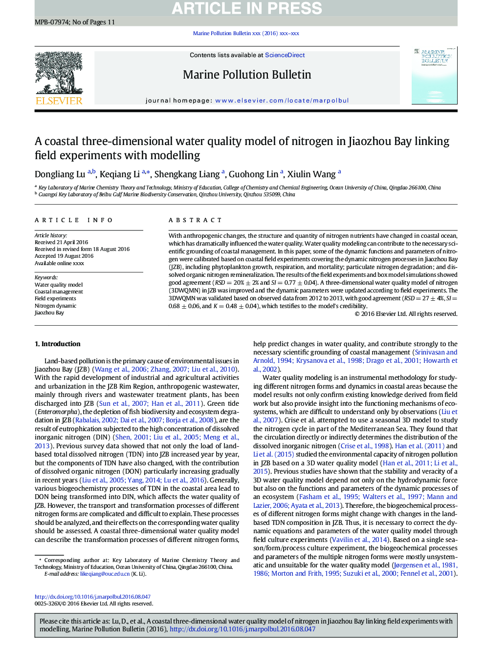 A coastal three-dimensional water quality model of nitrogen in Jiaozhou Bay linking field experiments with modelling