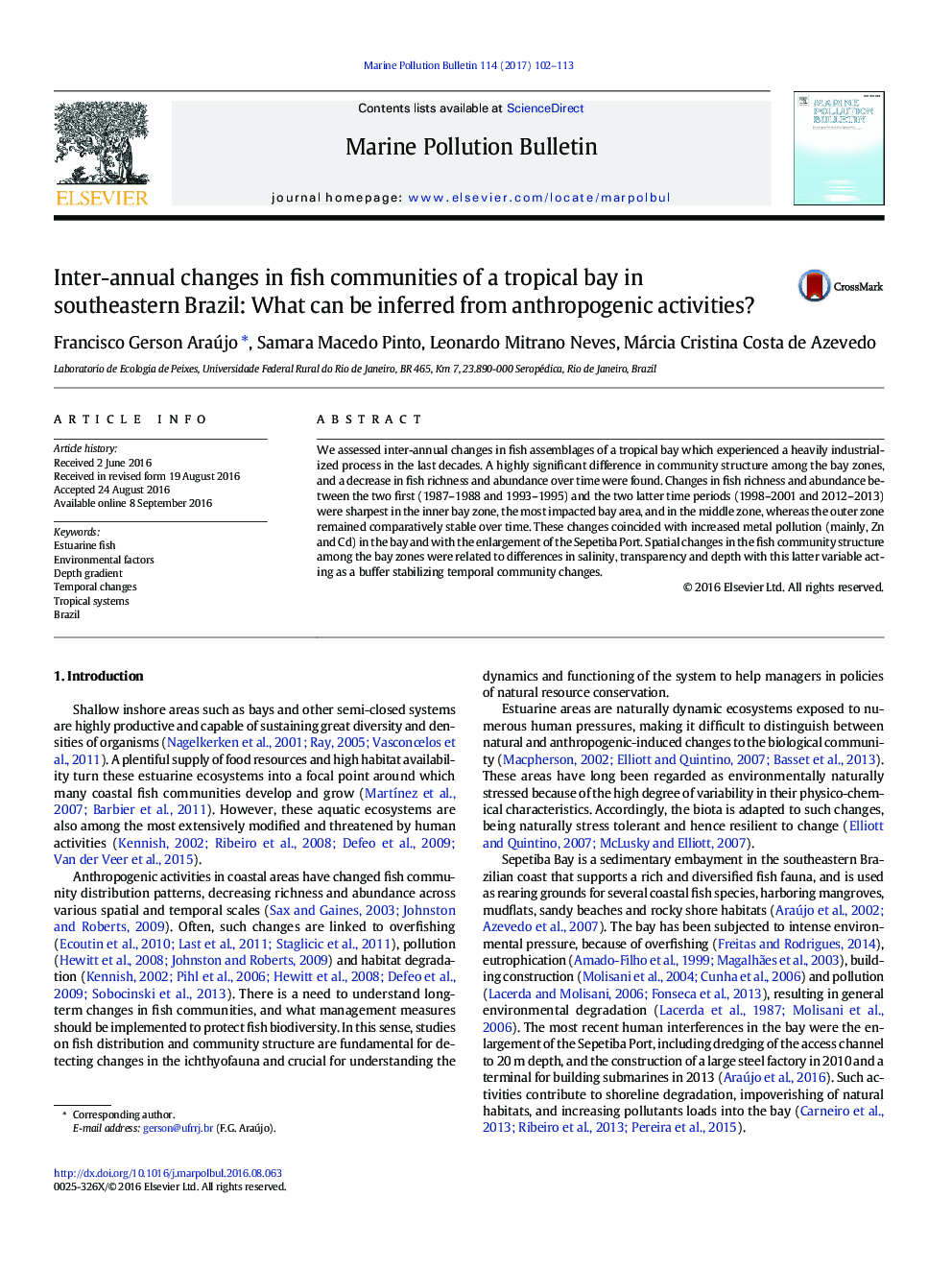 Inter-annual changes in fish communities of a tropical bay in southeastern Brazil: What can be inferred from anthropogenic activities?