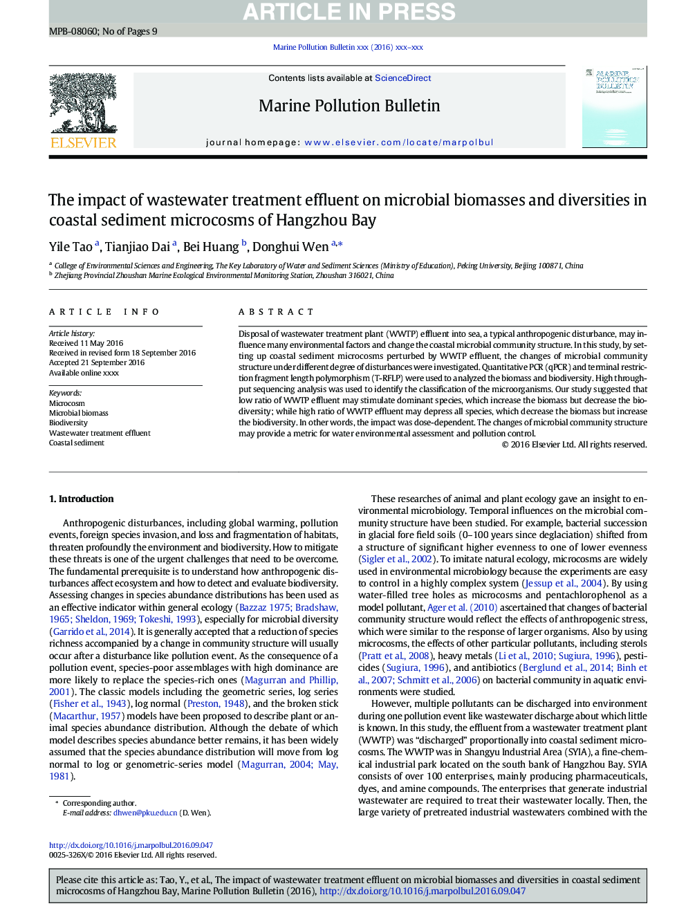 The impact of wastewater treatment effluent on microbial biomasses and diversities in coastal sediment microcosms of Hangzhou Bay