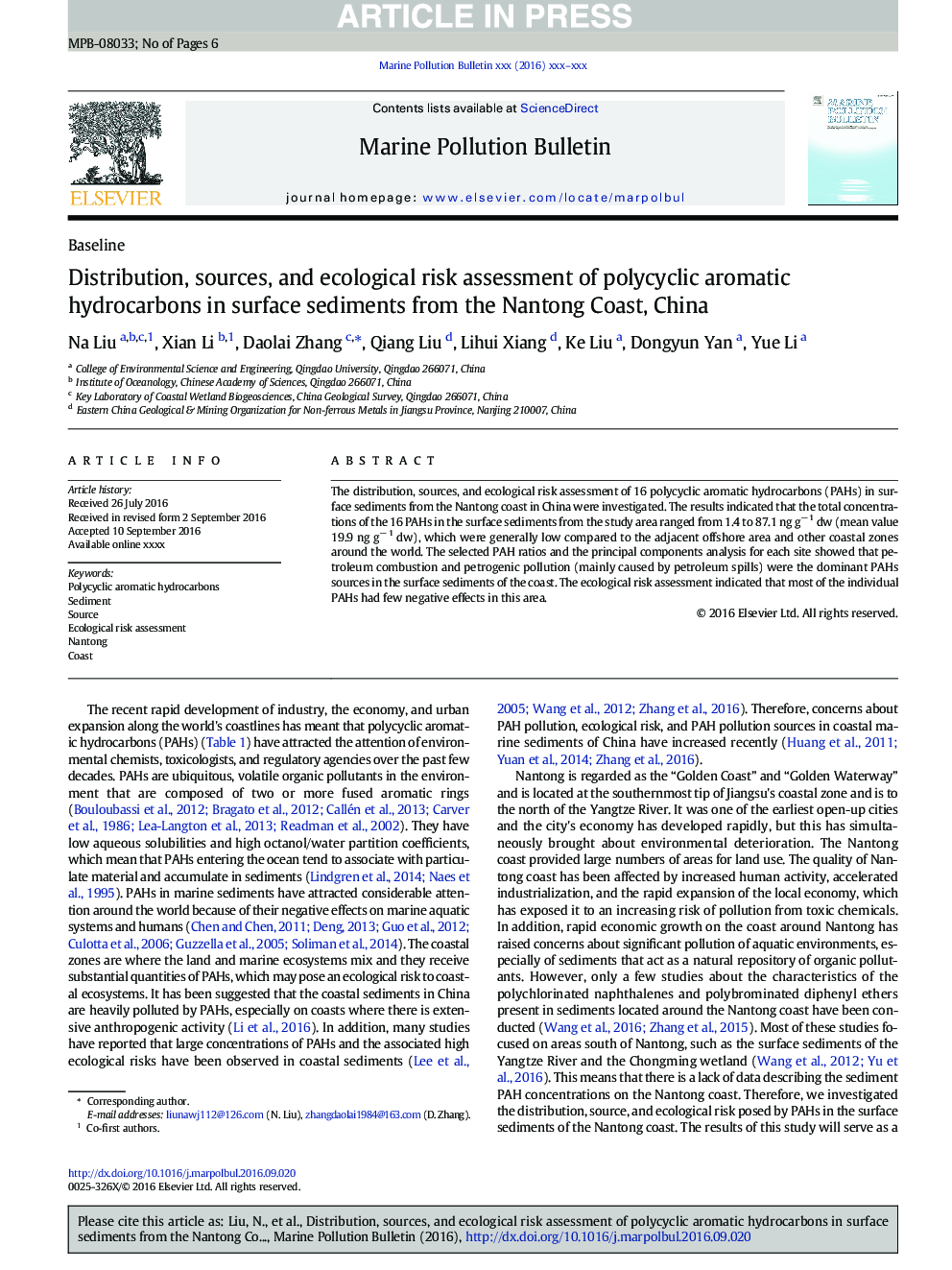 Distribution, sources, and ecological risk assessment of polycyclic aromatic hydrocarbons in surface sediments from the Nantong Coast, China