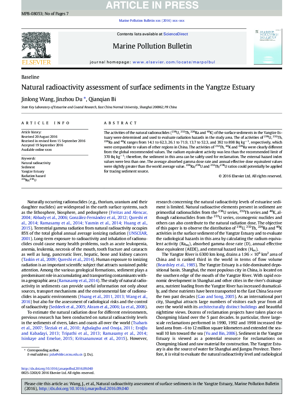 Natural radioactivity assessment of surface sediments in the Yangtze Estuary