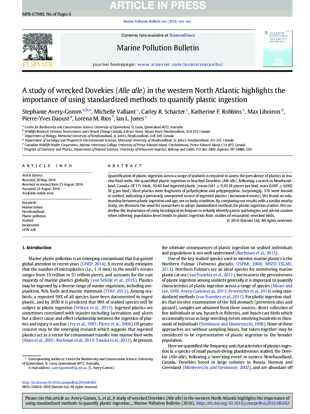 A study of wrecked Dovekies (Alle alle) in the western North Atlantic highlights the importance of using standardized methods to quantify plastic ingestion