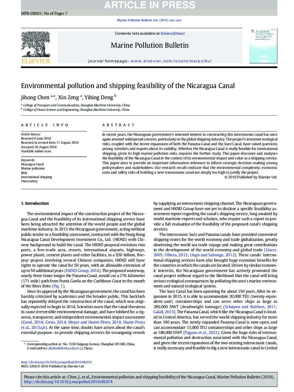 Environmental pollution and shipping feasibility of the Nicaragua Canal