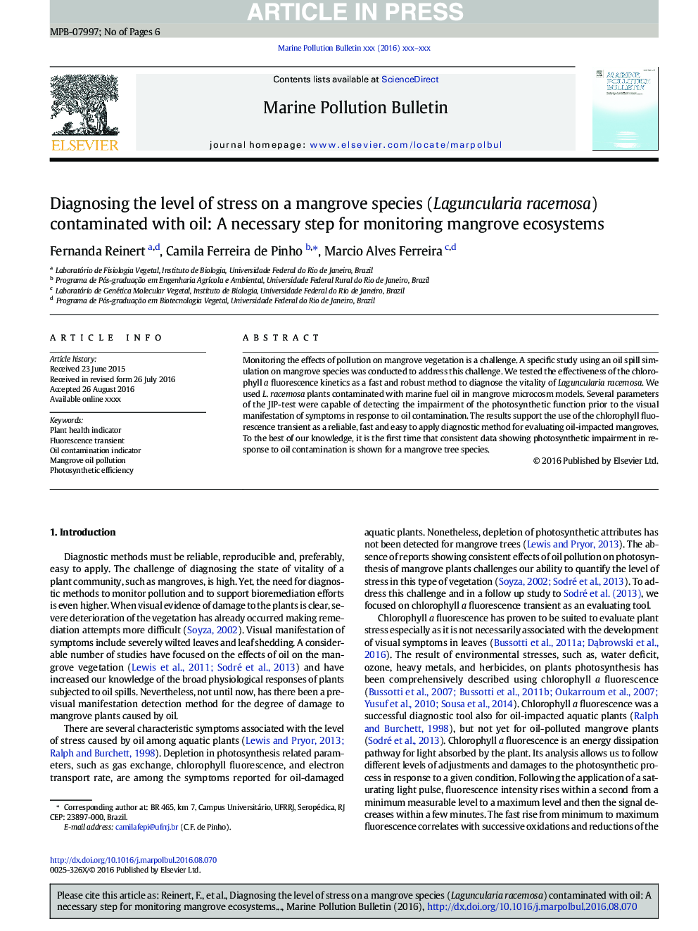 Diagnosing the level of stress on a mangrove species (Laguncularia racemosa) contaminated with oil: A necessary step for monitoring mangrove ecosystems