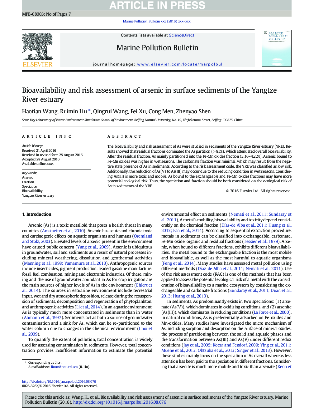 Bioavailability and risk assessment of arsenic in surface sediments of the Yangtze River estuary