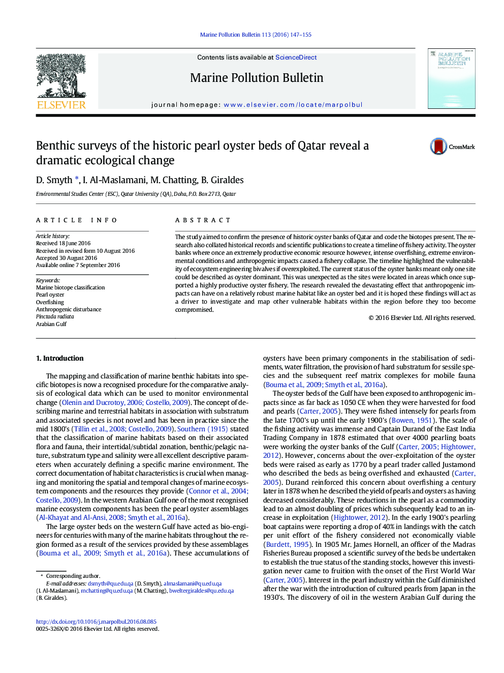 Benthic surveys of the historic pearl oyster beds of Qatar reveal a dramatic ecological change