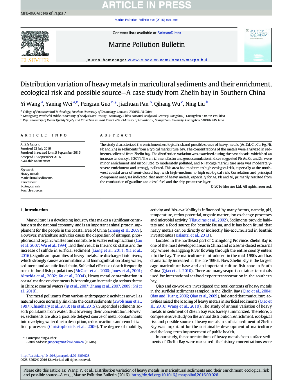 Distribution variation of heavy metals in maricultural sediments and their enrichment, ecological risk and possible source-A case study from Zhelin bay in Southern China