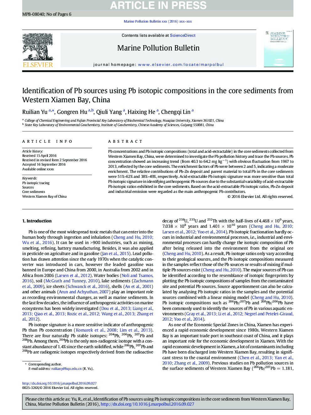 Identification of Pb sources using Pb isotopic compositions in the core sediments from Western Xiamen Bay, China