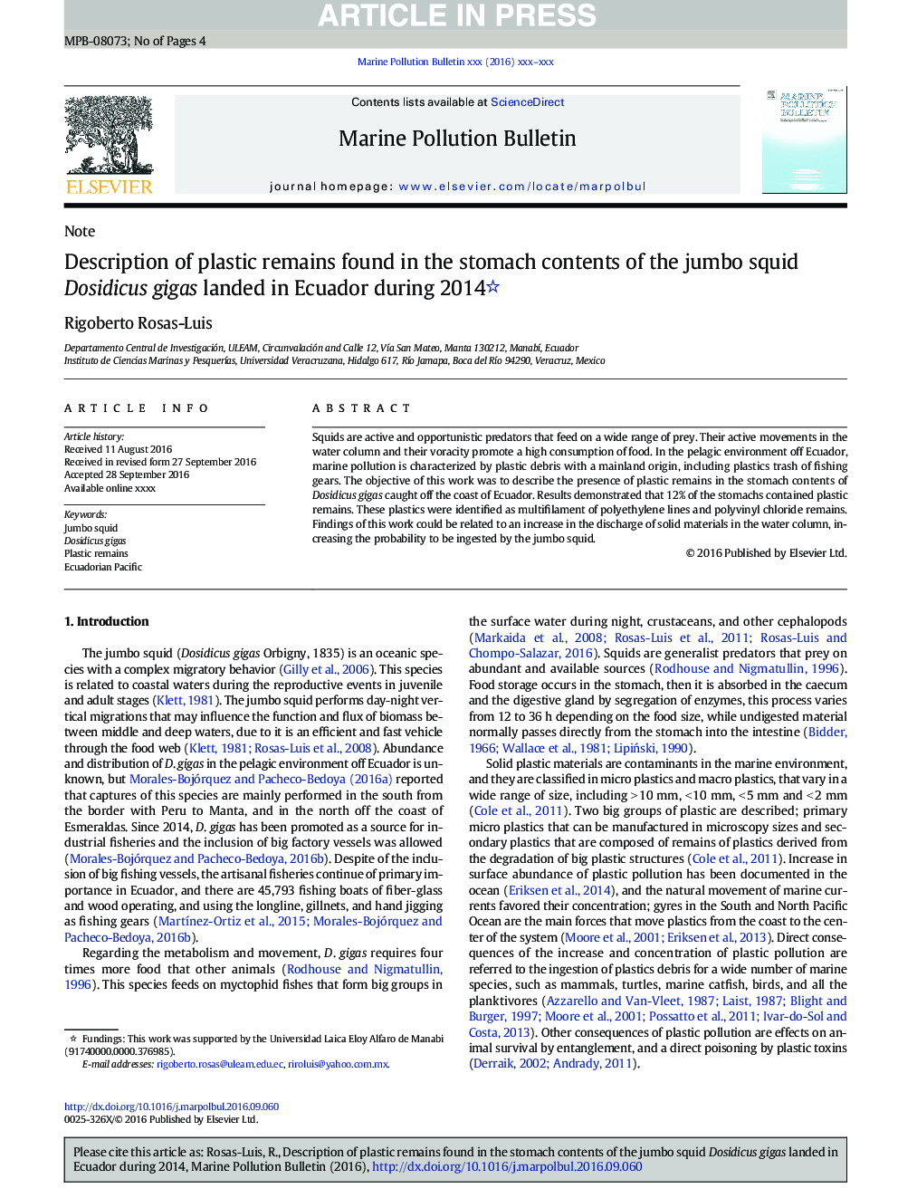 Description of plastic remains found in the stomach contents of the jumbo squid Dosidicus gigas landed in Ecuador during 2014