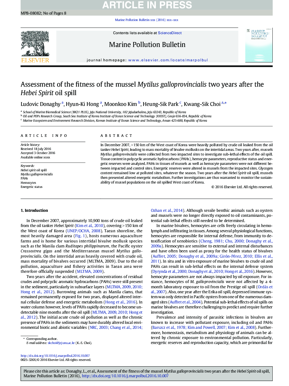 Assessment of the fitness of the mussel Mytilus galloprovincialis two years after the Hebei Spirit oil spill