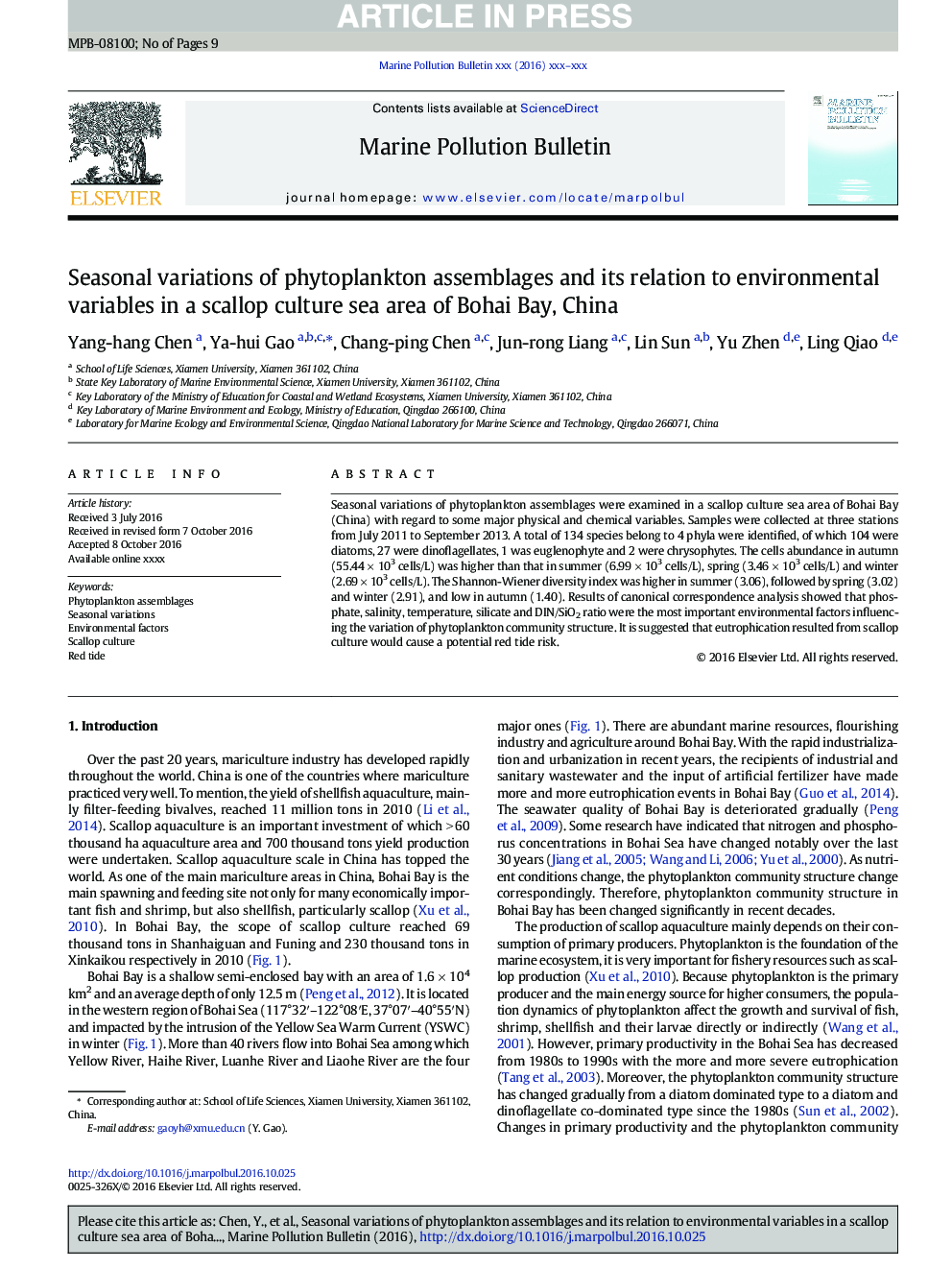 Seasonal variations of phytoplankton assemblages and its relation to environmental variables in a scallop culture sea area of Bohai Bay, China