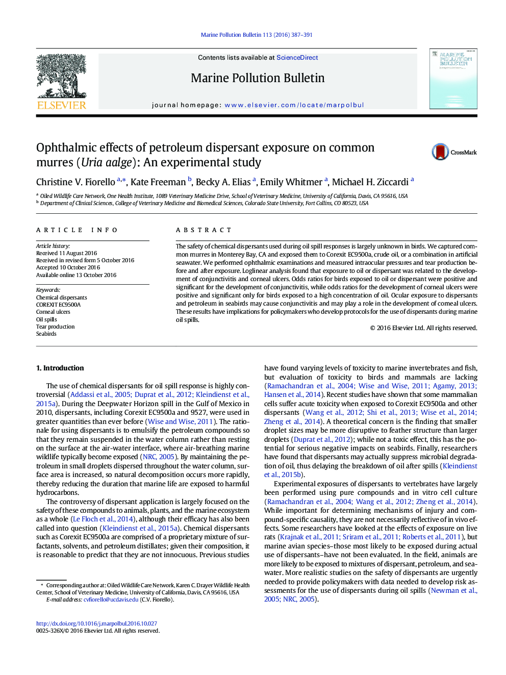 Ophthalmic effects of petroleum dispersant exposure on common murres (Uria aalge): An experimental study