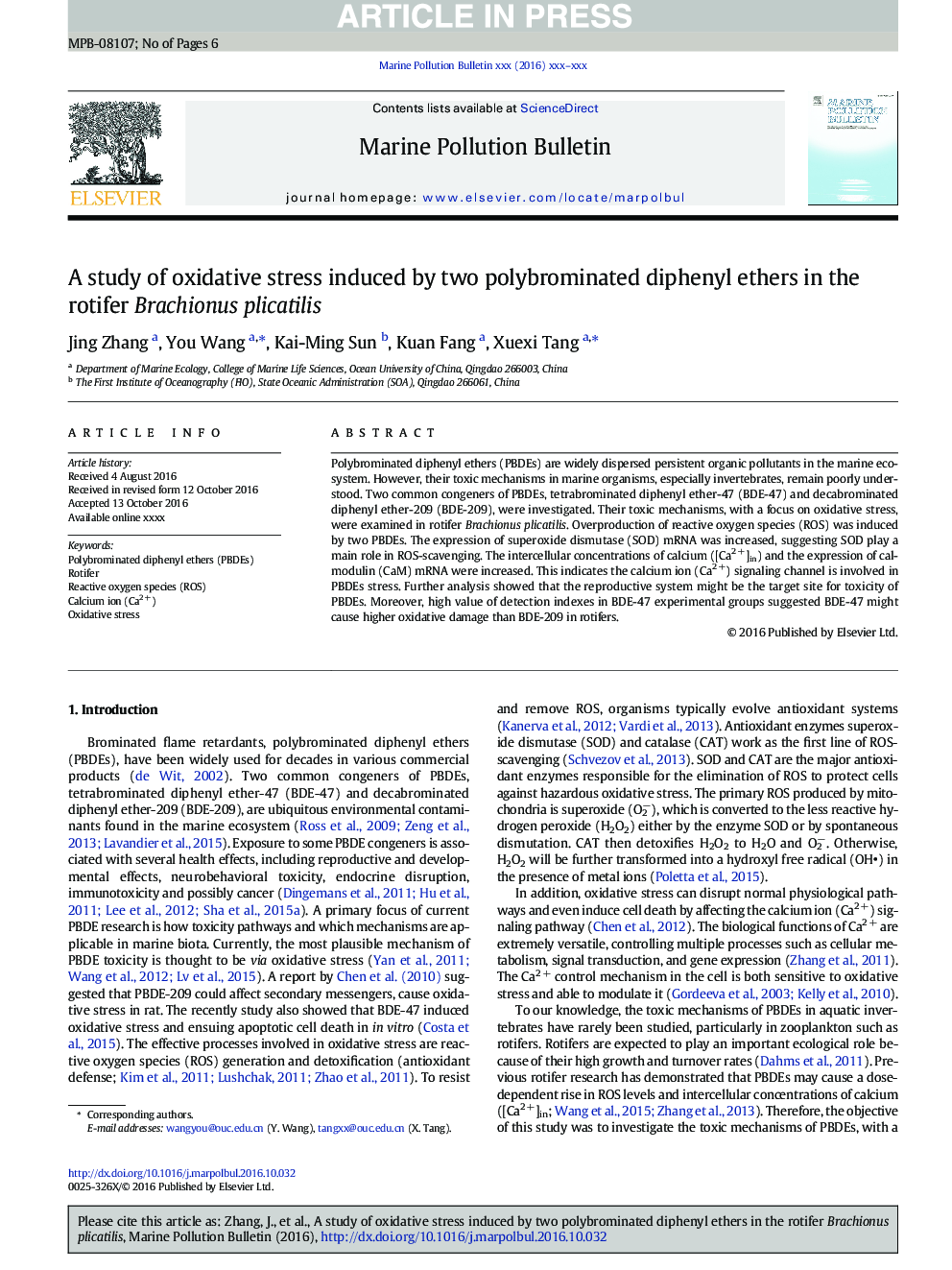 A study of oxidative stress induced by two polybrominated diphenyl ethers in the rotifer Brachionus plicatilis