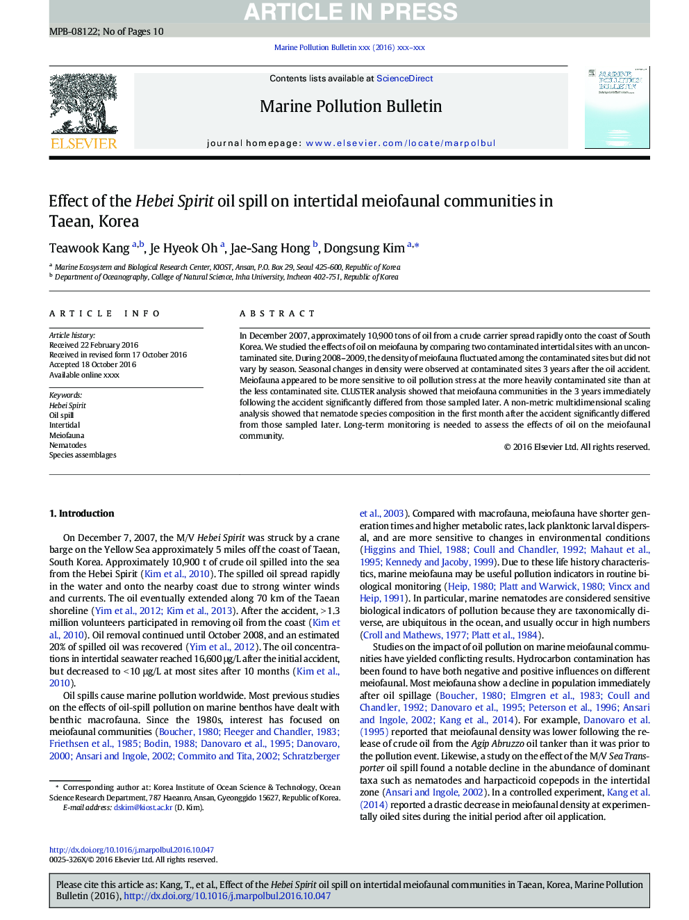 Effect of the Hebei Spirit oil spill on intertidal meiofaunal communities in Taean, Korea