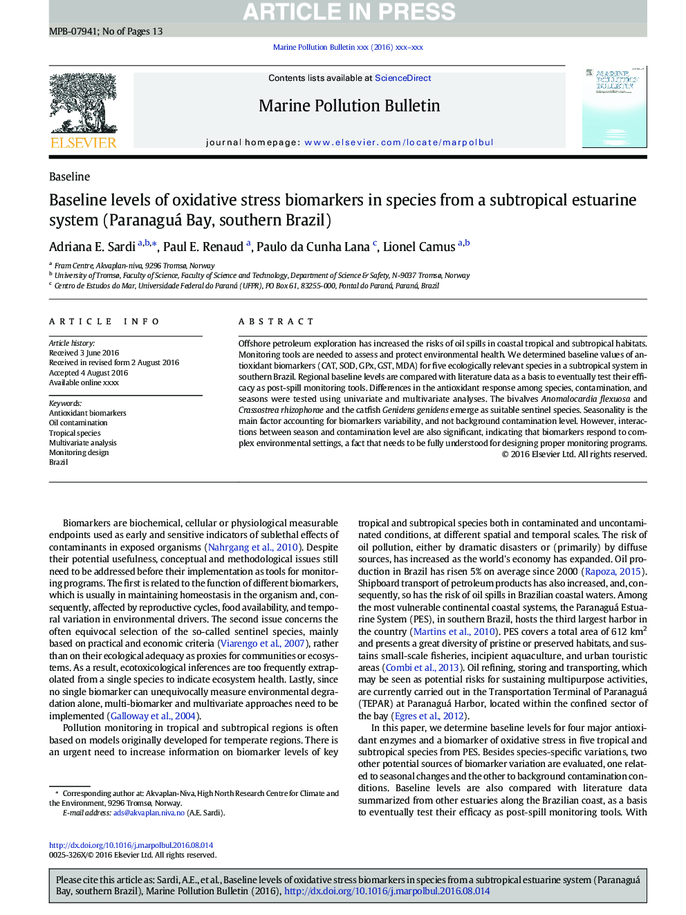 Baseline levels of oxidative stress biomarkers in species from a subtropical estuarine system (Paranaguá Bay, southern Brazil)