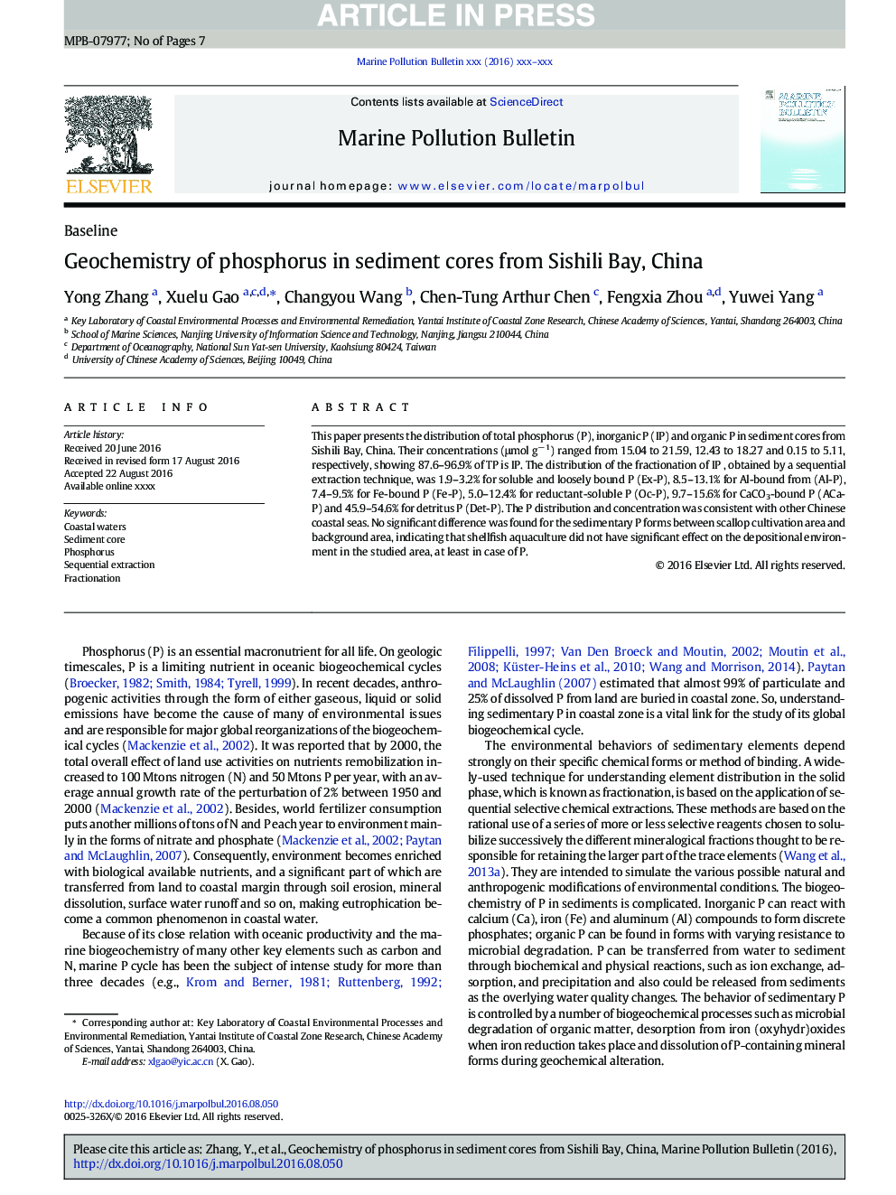 Geochemistry of phosphorus in sediment cores from Sishili Bay, China