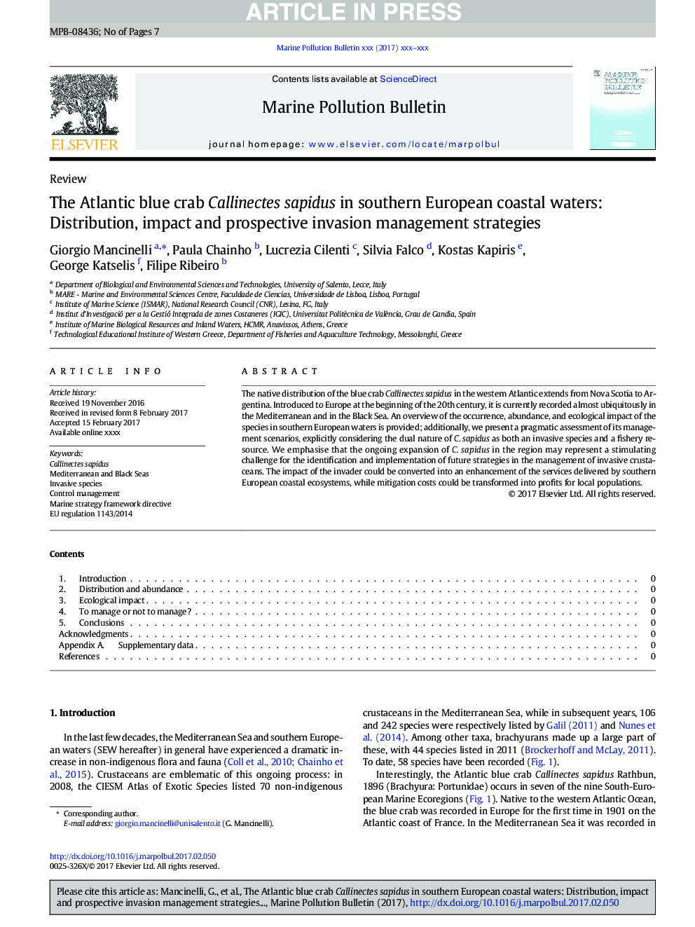 عکس صفحه اول مقاله: The Atlantic blue crab Callinectes sapidus in southern European coastal waters: Distribution, impact and prospective invasion management strategies The Atlantic blue crab Callinectes sapidus in southern European coastal waters: Distribution, impact and prospective invasion management strategies