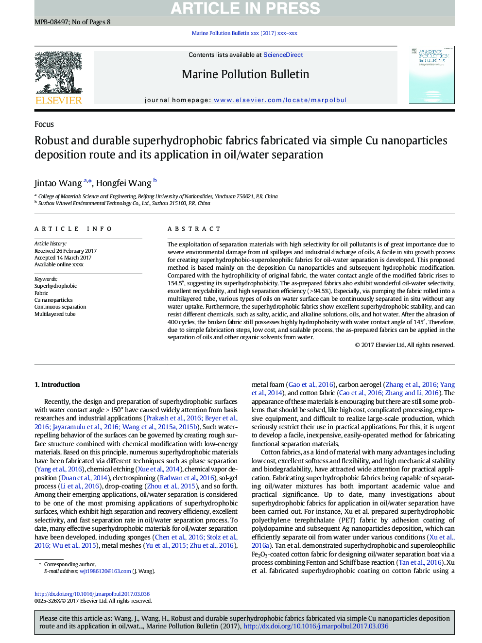 Robust and durable superhydrophobic fabrics fabricated via simple Cu nanoparticles deposition route and its application in oil/water separation