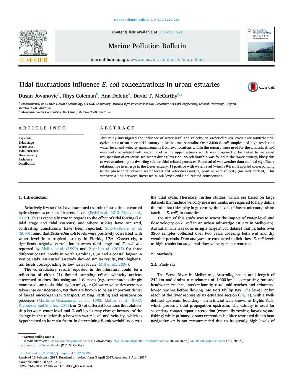 Tidal fluctuations influence E. coli concentrations in urban estuaries