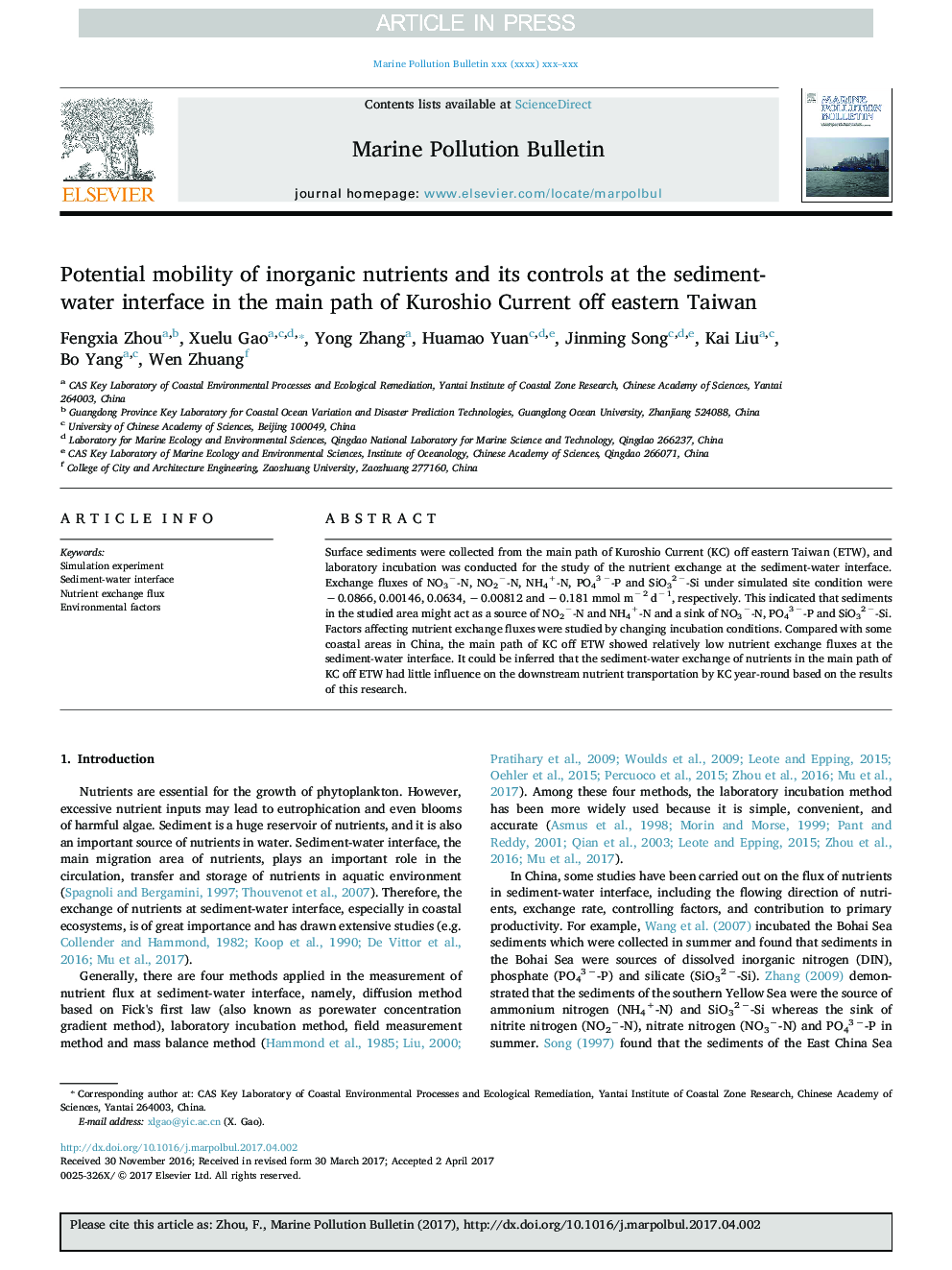 Potential mobility of inorganic nutrients and its controls at the sediment-water interface in the main path of Kuroshio Current off eastern Taiwan