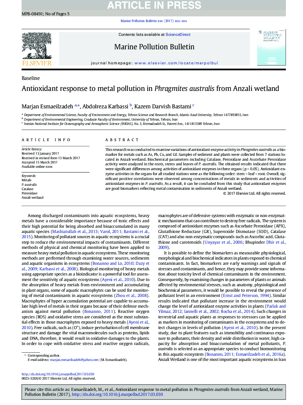 Antioxidant response to metal pollution in Phragmites australis from Anzali wetland