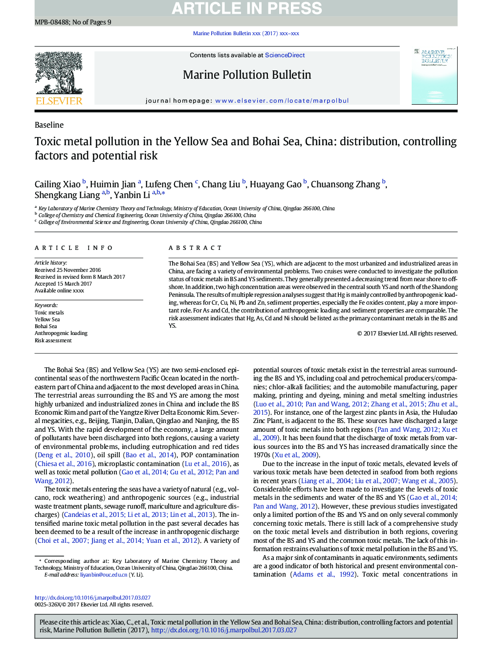 Toxic metal pollution in the Yellow Sea and Bohai Sea, China: distribution, controlling factors and potential risk