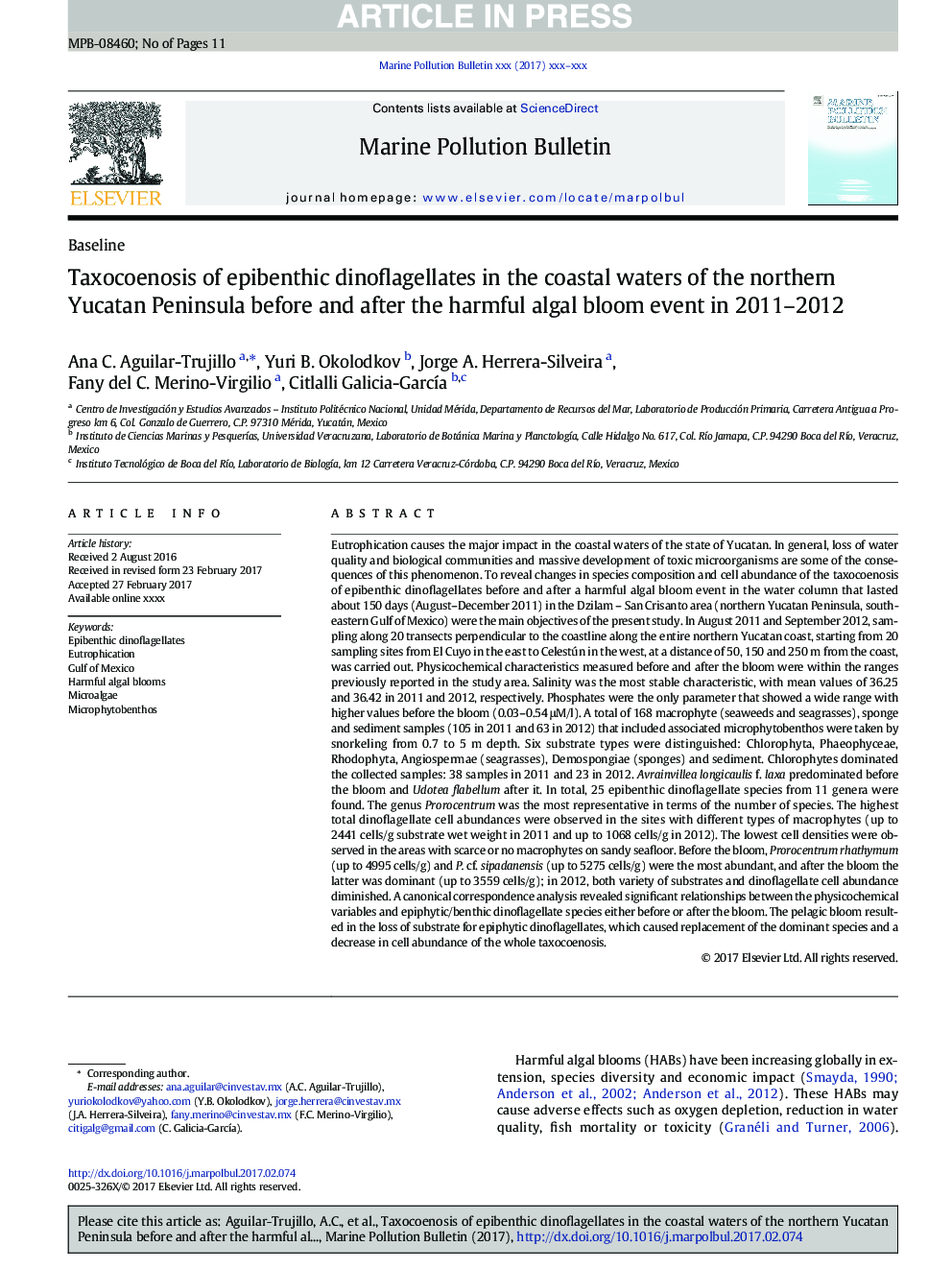 Taxocoenosis of epibenthic dinoflagellates in the coastal waters of the northern Yucatan Peninsula before and after the harmful algal bloom event in 2011-2012