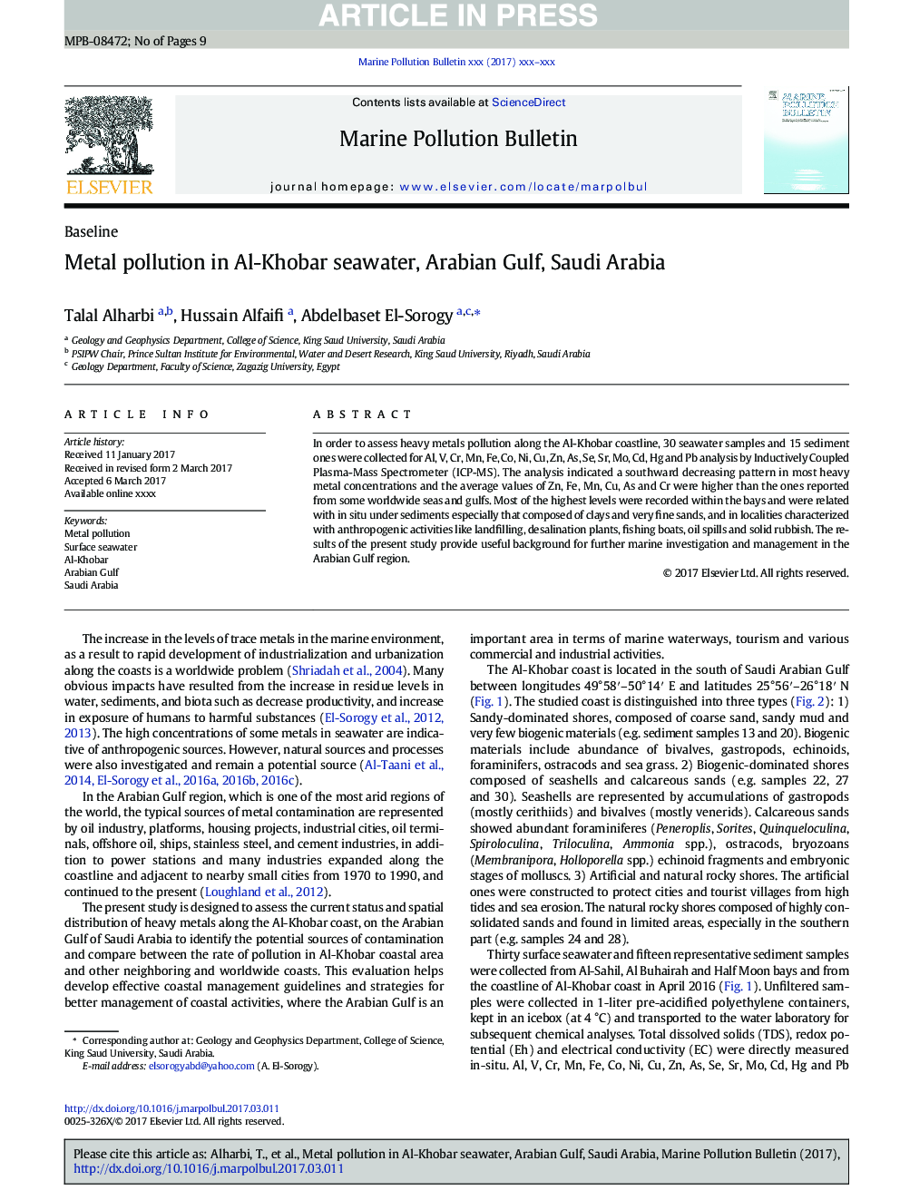 Metal pollution in Al-Khobar seawater, Arabian Gulf, Saudi Arabia