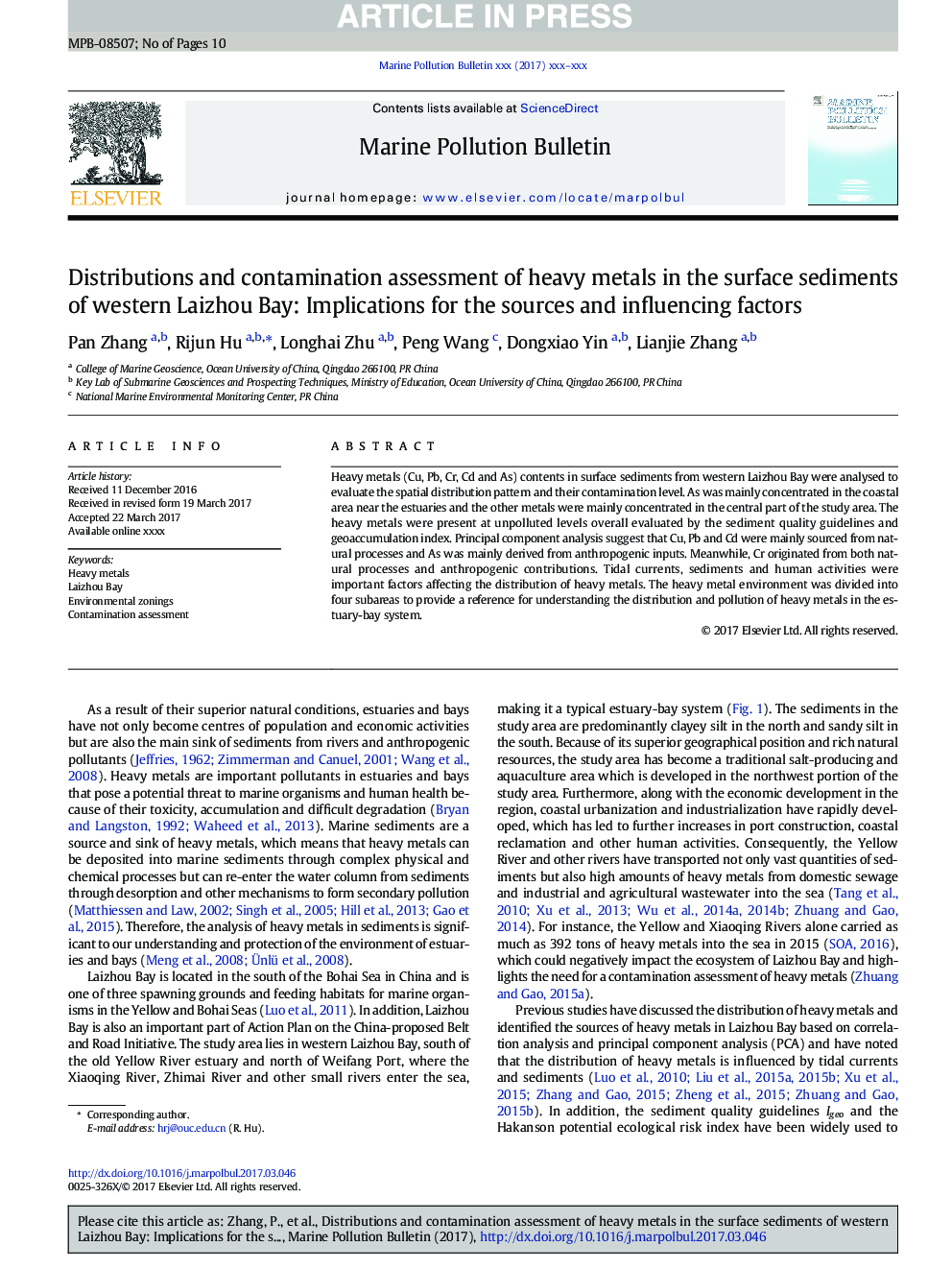 Distributions and contamination assessment of heavy metals in the surface sediments of western Laizhou Bay: Implications for the sources and influencing factors