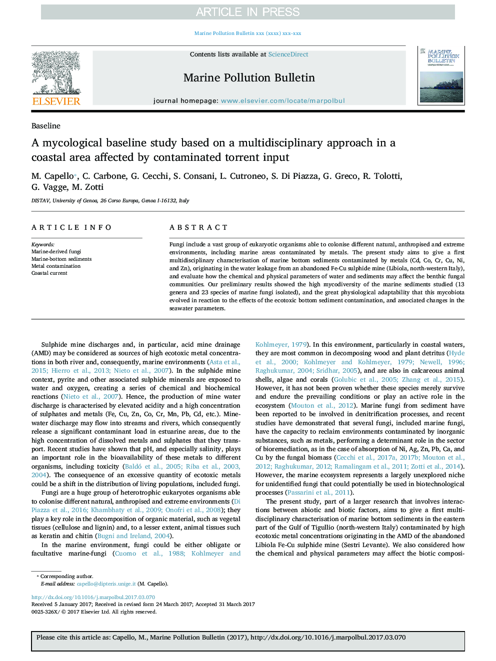 A mycological baseline study based on a multidisciplinary approach in a coastal area affected by contaminated torrent input