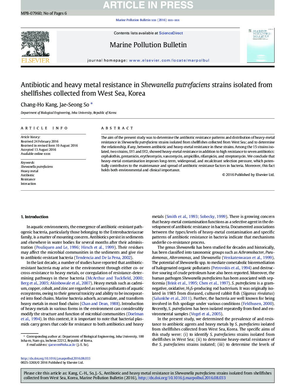 Antibiotic and heavy metal resistance in Shewanella putrefaciens strains isolated from shellfishes collected from West Sea, Korea