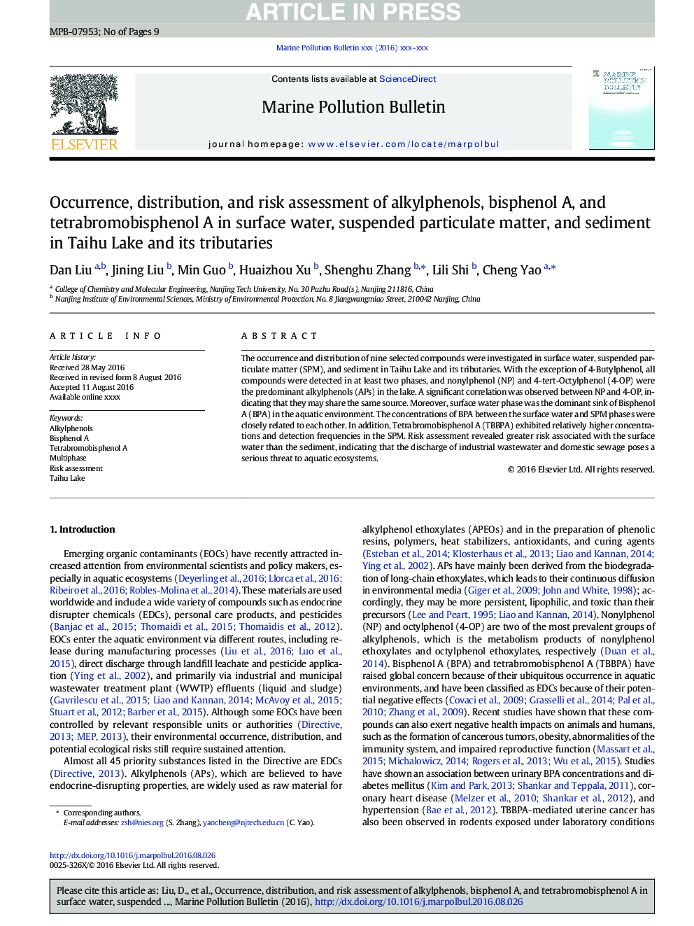 Occurrence, distribution, and risk assessment of alkylphenols, bisphenol A, and tetrabromobisphenol A in surface water, suspended particulate matter, and sediment in Taihu Lake and its tributaries