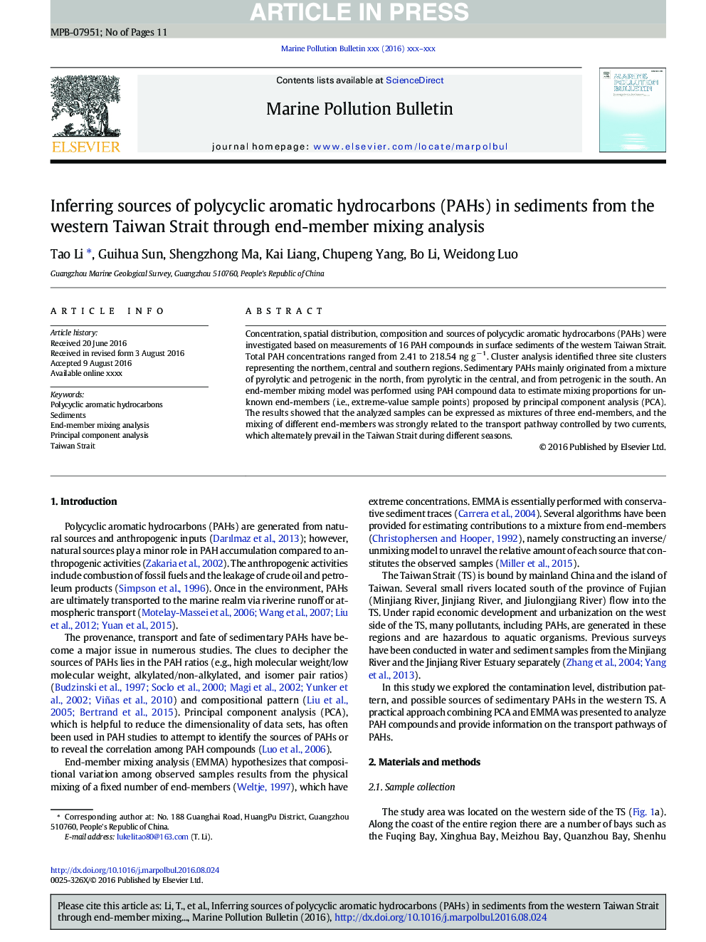 Inferring sources of polycyclic aromatic hydrocarbons (PAHs) in sediments from the western Taiwan Strait through end-member mixing analysis