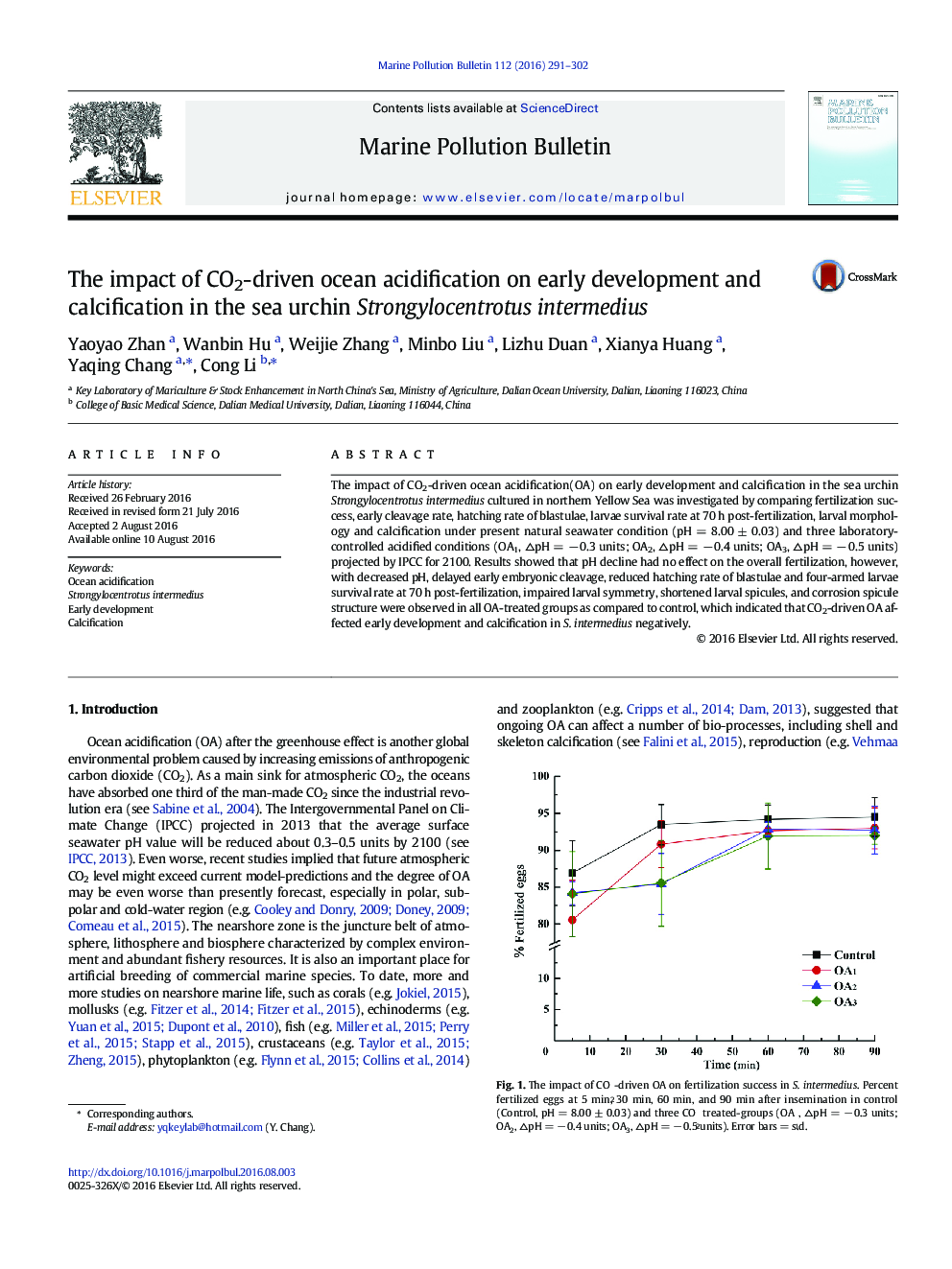 The impact of CO2-driven ocean acidification on early development and calcification in the sea urchin Strongylocentrotus intermedius