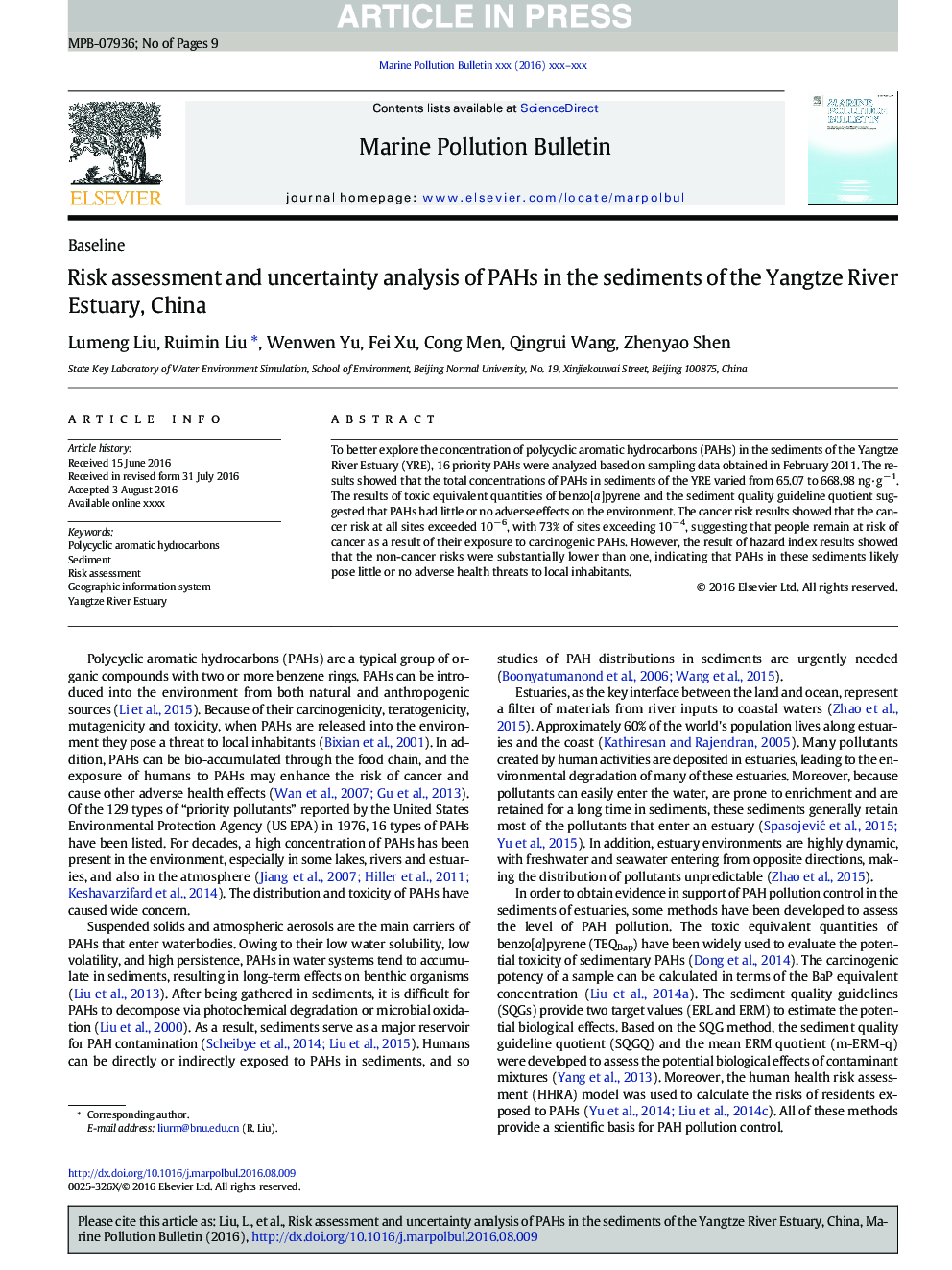 Risk assessment and uncertainty analysis of PAHs in the sediments of the Yangtze River Estuary, China