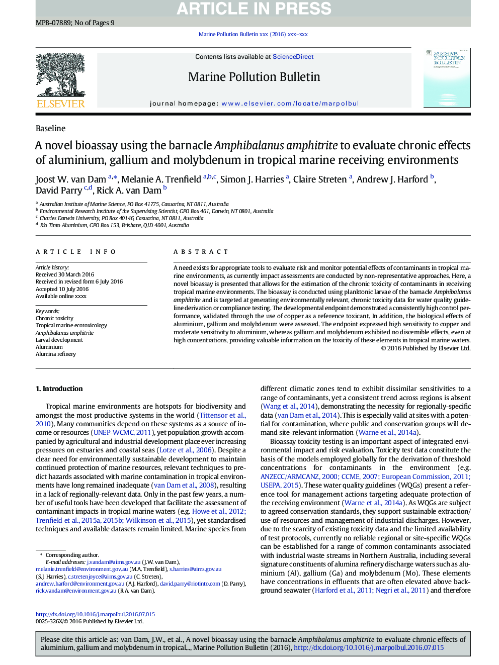 A novel bioassay using the barnacle Amphibalanus amphitrite to evaluate chronic effects of aluminium, gallium and molybdenum in tropical marine receiving environments