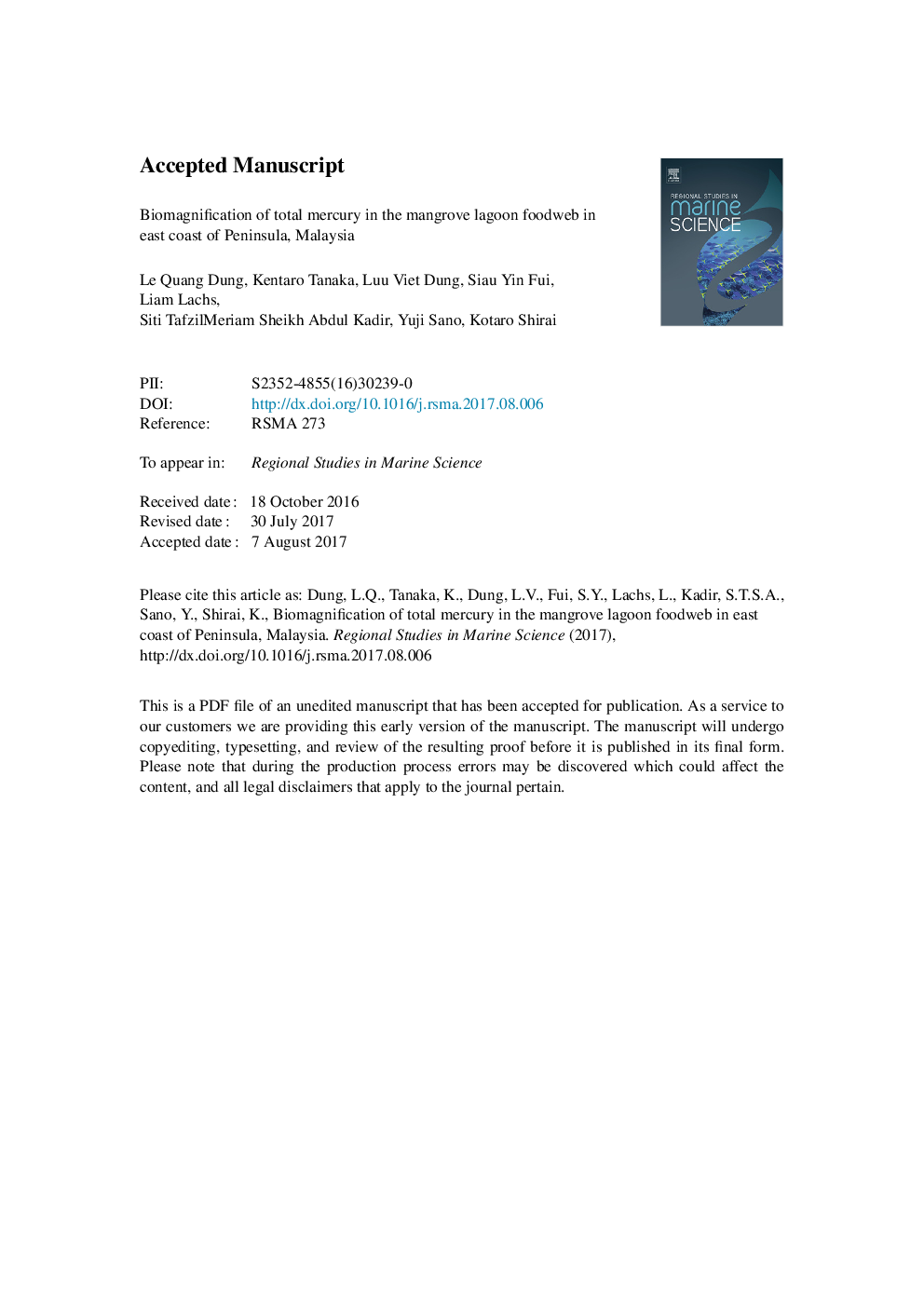 Biomagnification of total mercury in the mangrove lagoon foodweb in east coast of Peninsula, Malaysia