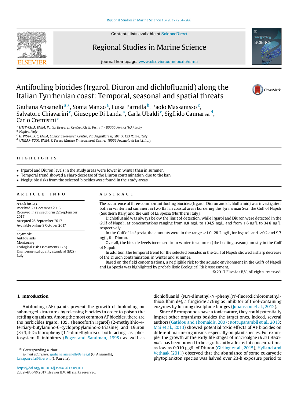 Antifouling biocides (Irgarol, Diuron and dichlofluanid) along the Italian Tyrrhenian coast: Temporal, seasonal and spatial threats