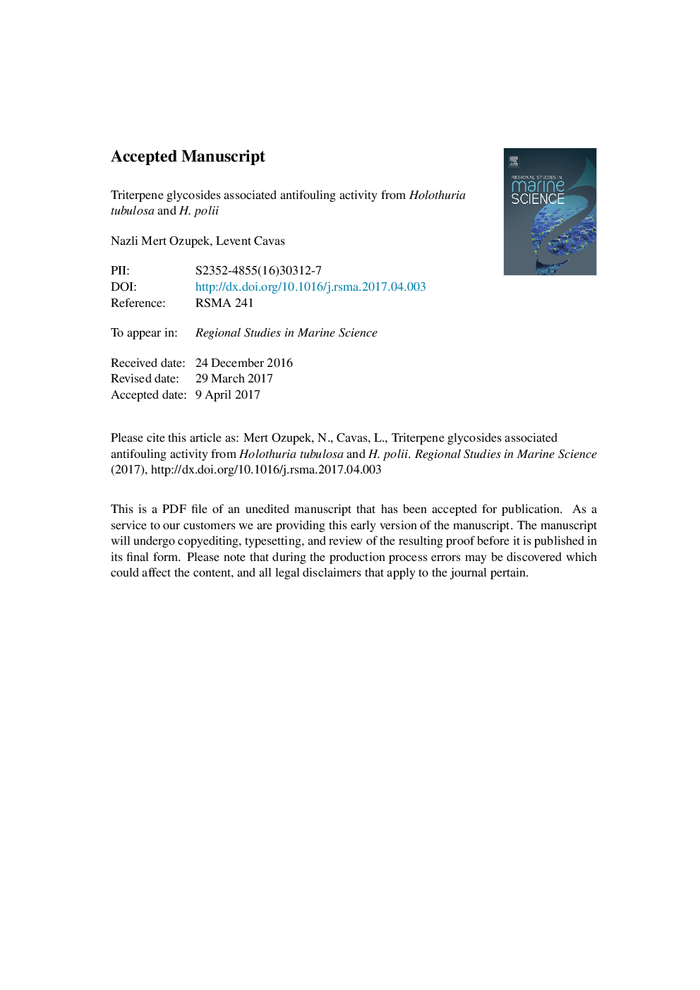 Triterpene glycosides associated antifouling activity from Holothuria tubulosa and H. polii