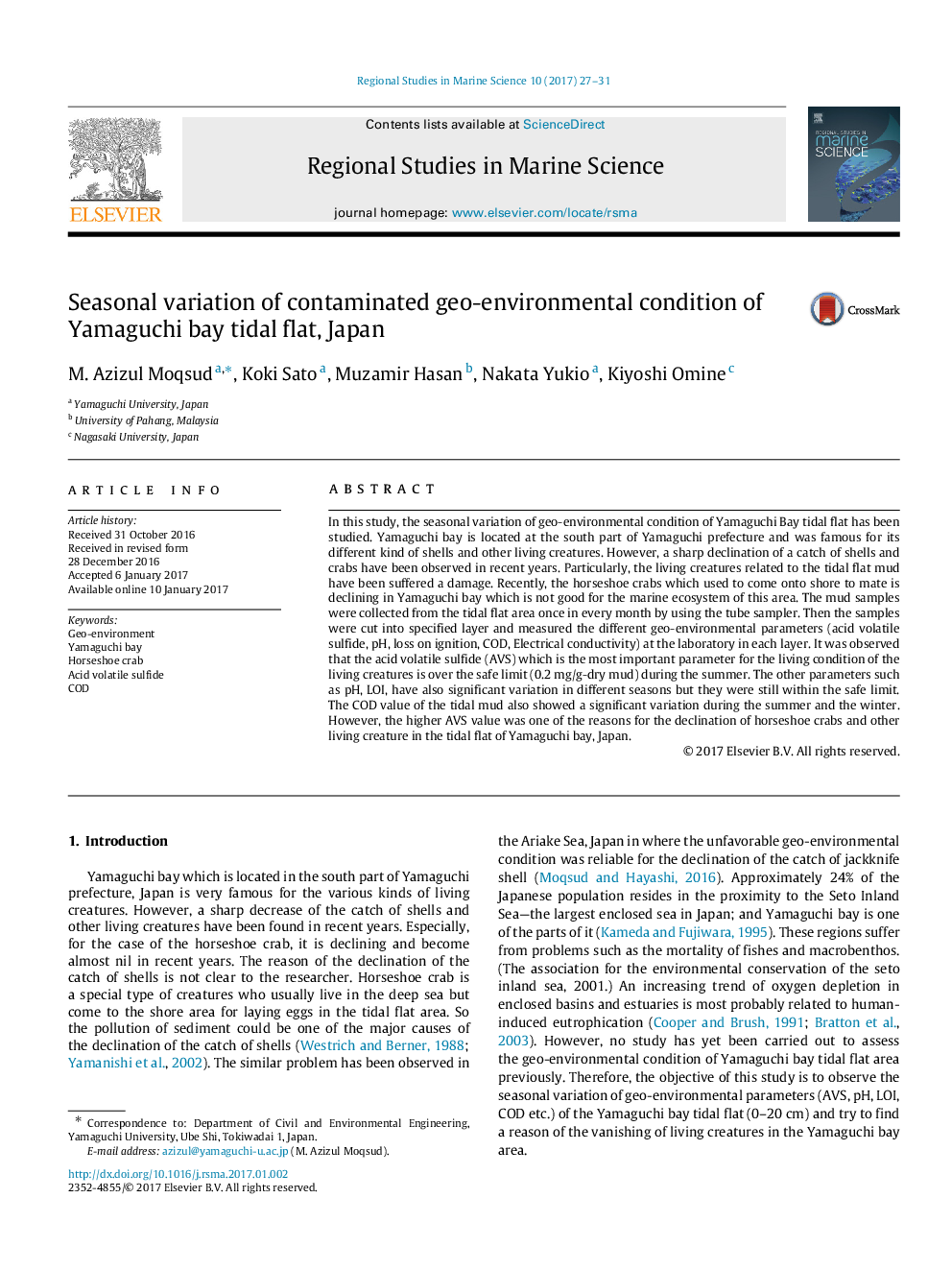 Seasonal variation of contaminated geo-environmental condition of Yamaguchi bay tidal flat, Japan