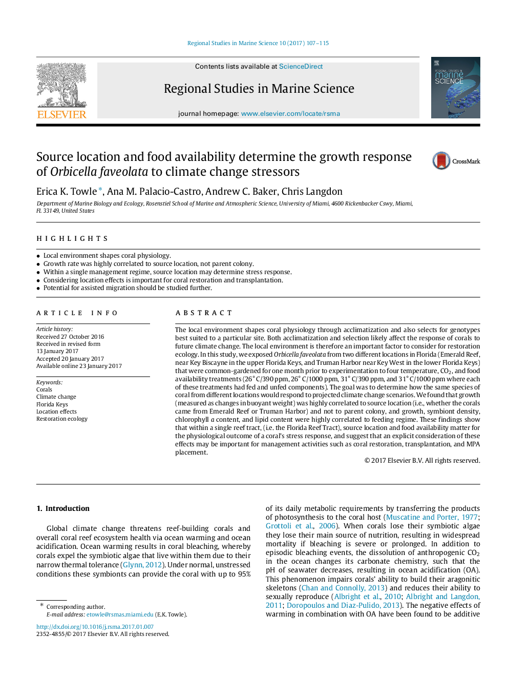 Source location and food availability determine the growth response of Orbicella faveolata to climate change stressors